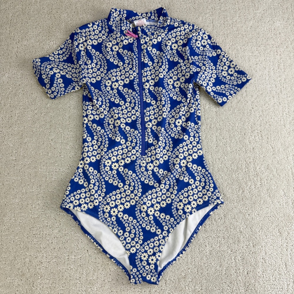 Mini Boden Rash Guard Swimsuit Kids 13-14Y Blue Daisy Floral Short Sleeve Zip